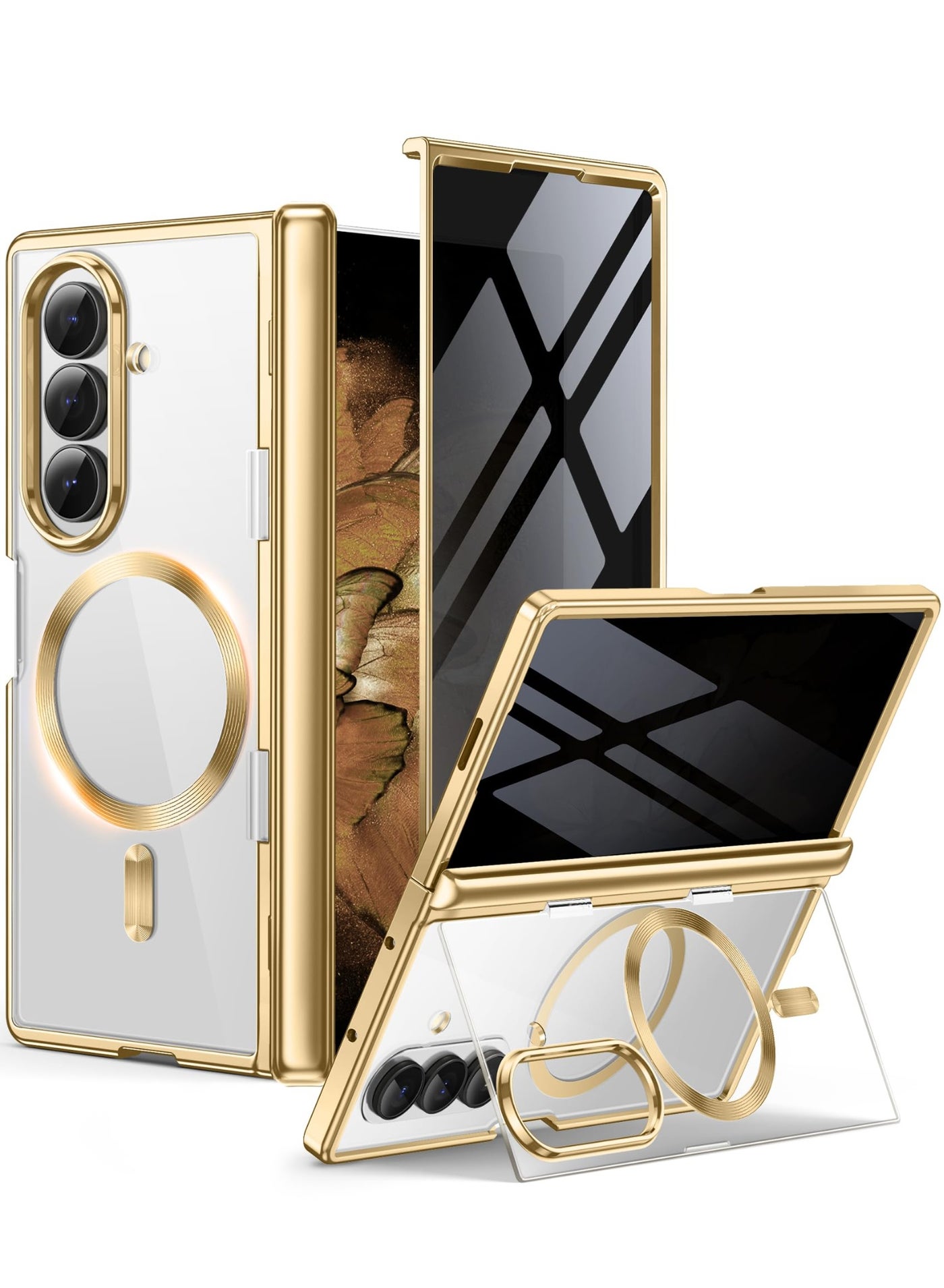 BERFY for Z Fold 7 Case with Privacy Screen Protector, [Compatible with Magsafe][Hidden Kickstand] Clear Plating Design Full-Body Slim Shockproof Hard Phone Case for Samsung Galaxy Z Fold 7, Gold